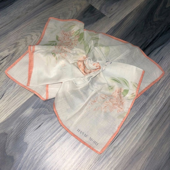 Hanae Mori Accessories - Hanae Mori Floral with Peach Trim Cotton Handkerchief